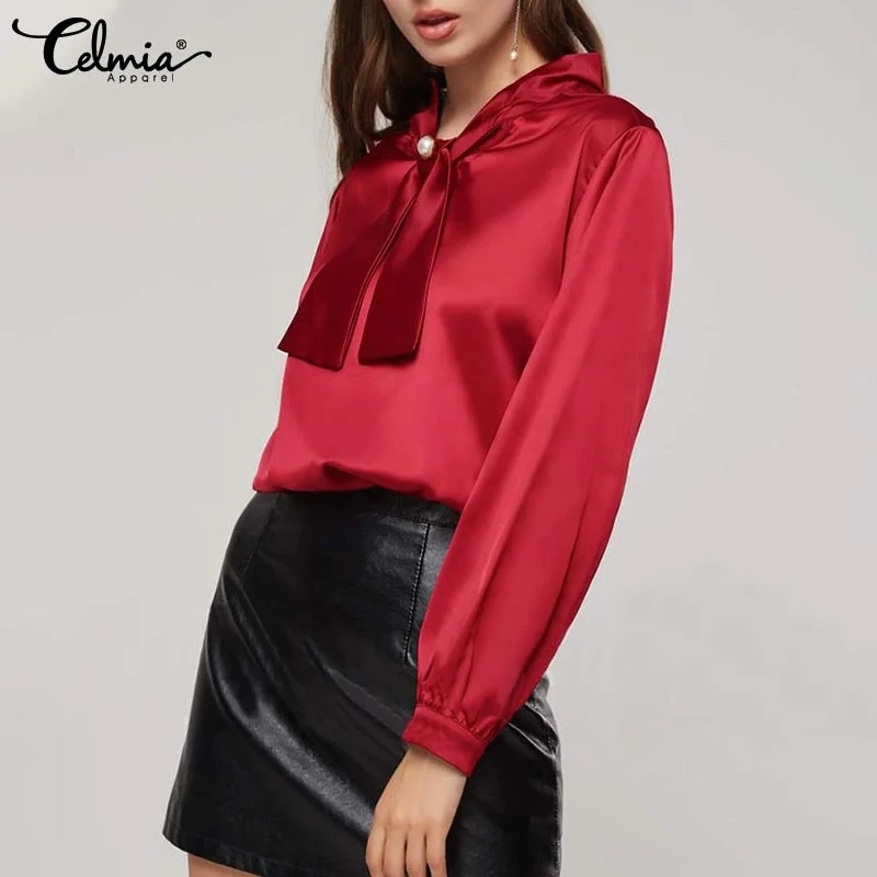 Celmia Women Elegant Satin Blouse 2022 Fashion Bow Tie Office Tops Long Sleeve Casual Autumn Slik Shirts Oversized Party Blusas