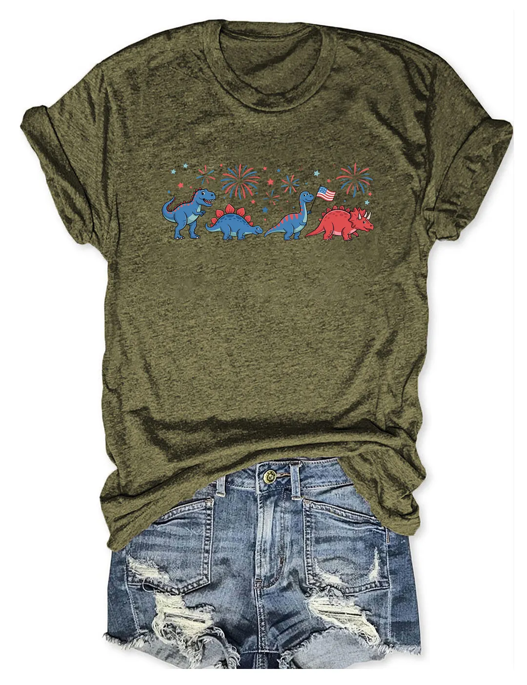 Cute Dinosaur American Flag Fireworks T-shirt