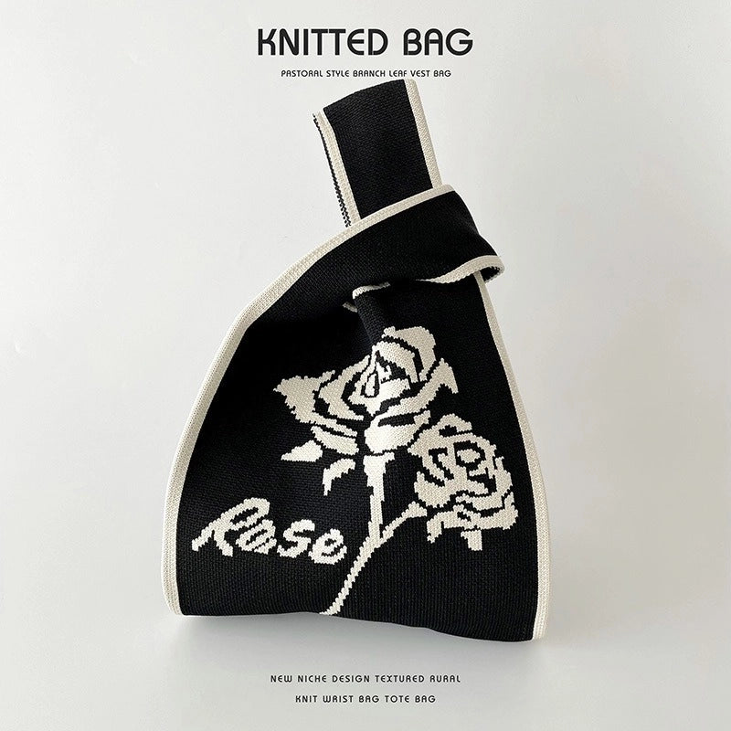 Women’s Medium Knit Letter Flower Cute Vintage Style Square Open Handbag