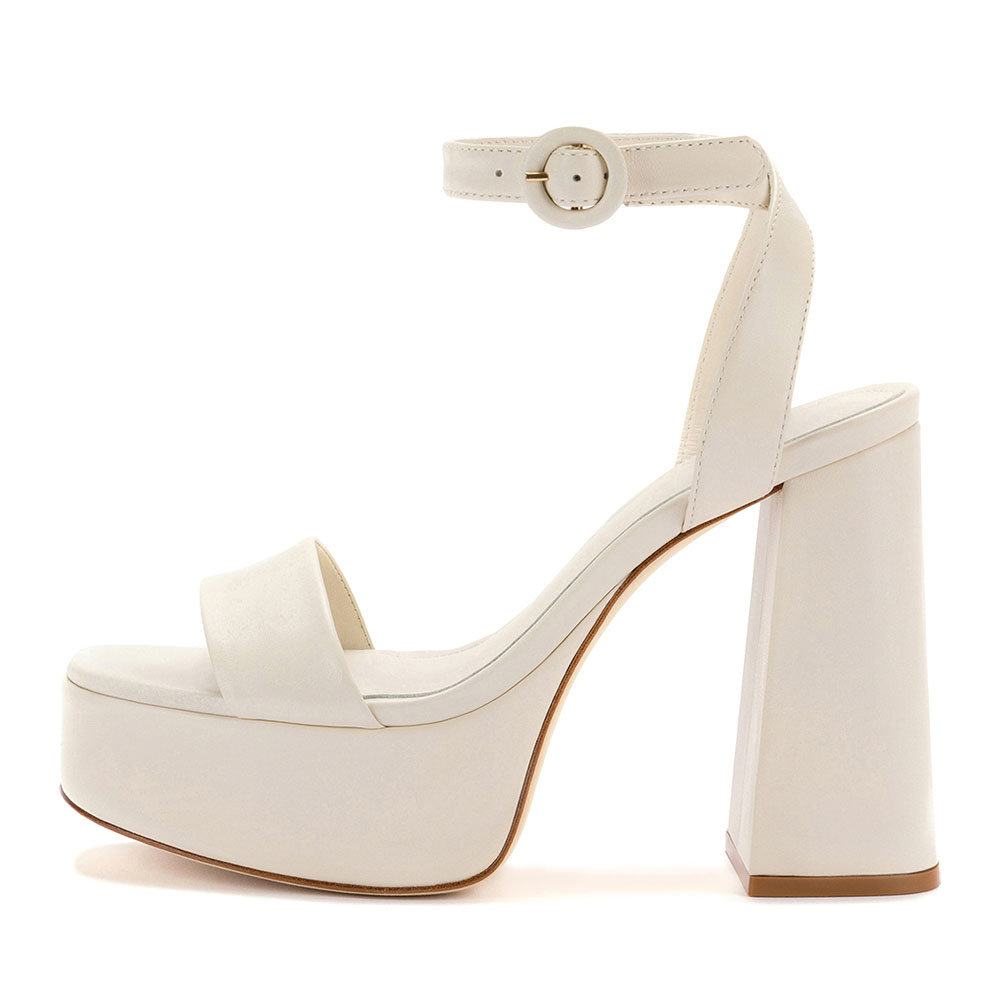 White Round Toe Chunky Heel Ankle Strap Platform Bridal Sandals Nicepairs