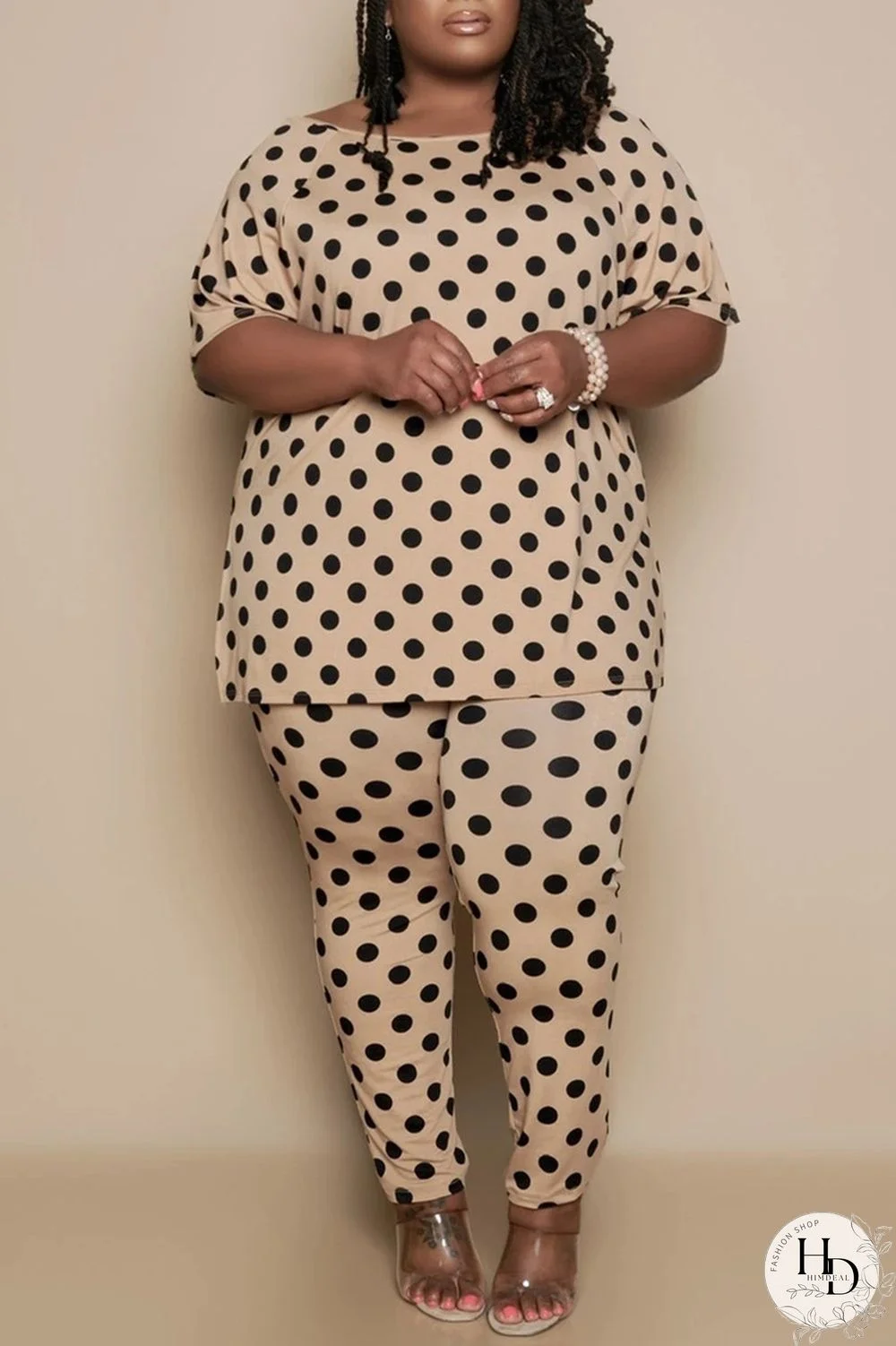 Khaki Fashion Casual Print Basic O Neck Plus Size Two Pieces