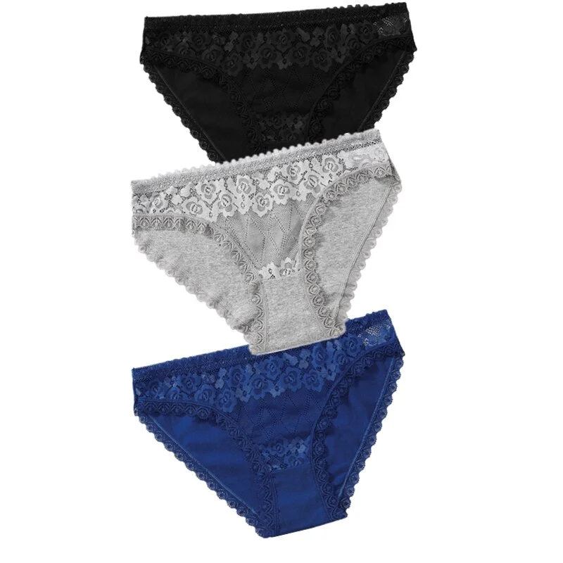 3PCS Lace Panties Women's Cotton Underwear Seamless Cute Girls Briefs Lingerie Solid Fashion Female Sexy Panties Plus Size XXL