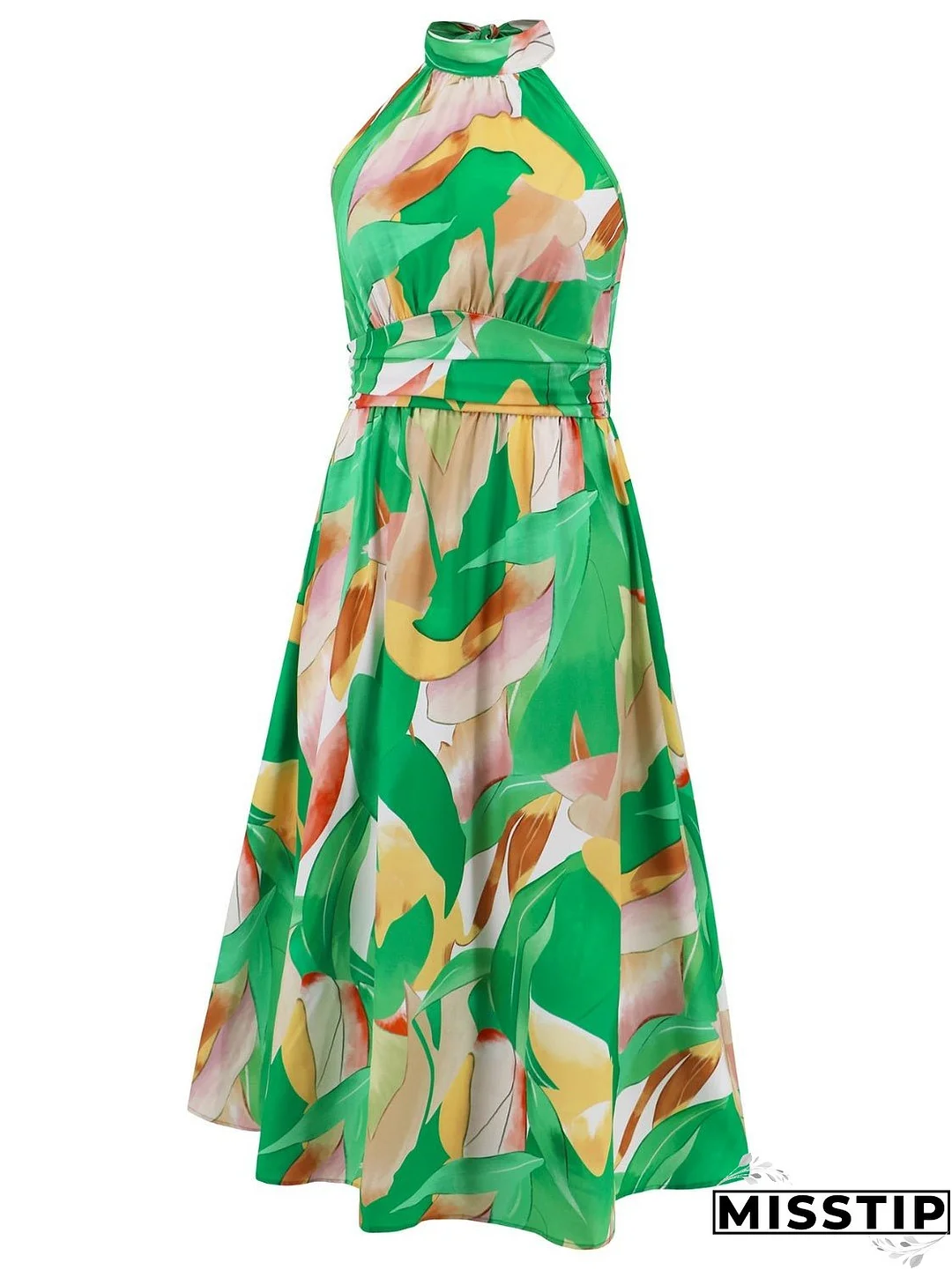 Ruched Printed Halter Neck Sleeveless Dress