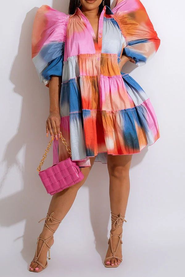 Gradient Girly Single Breasted Puff Sleeve Mini Dress
