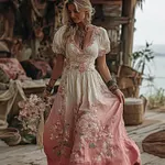 Women's Bohemian Floral Embroidered Linen V-neck Dress - Image 2