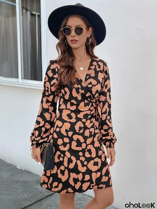 Printed Surplice Long Sleeve Dress