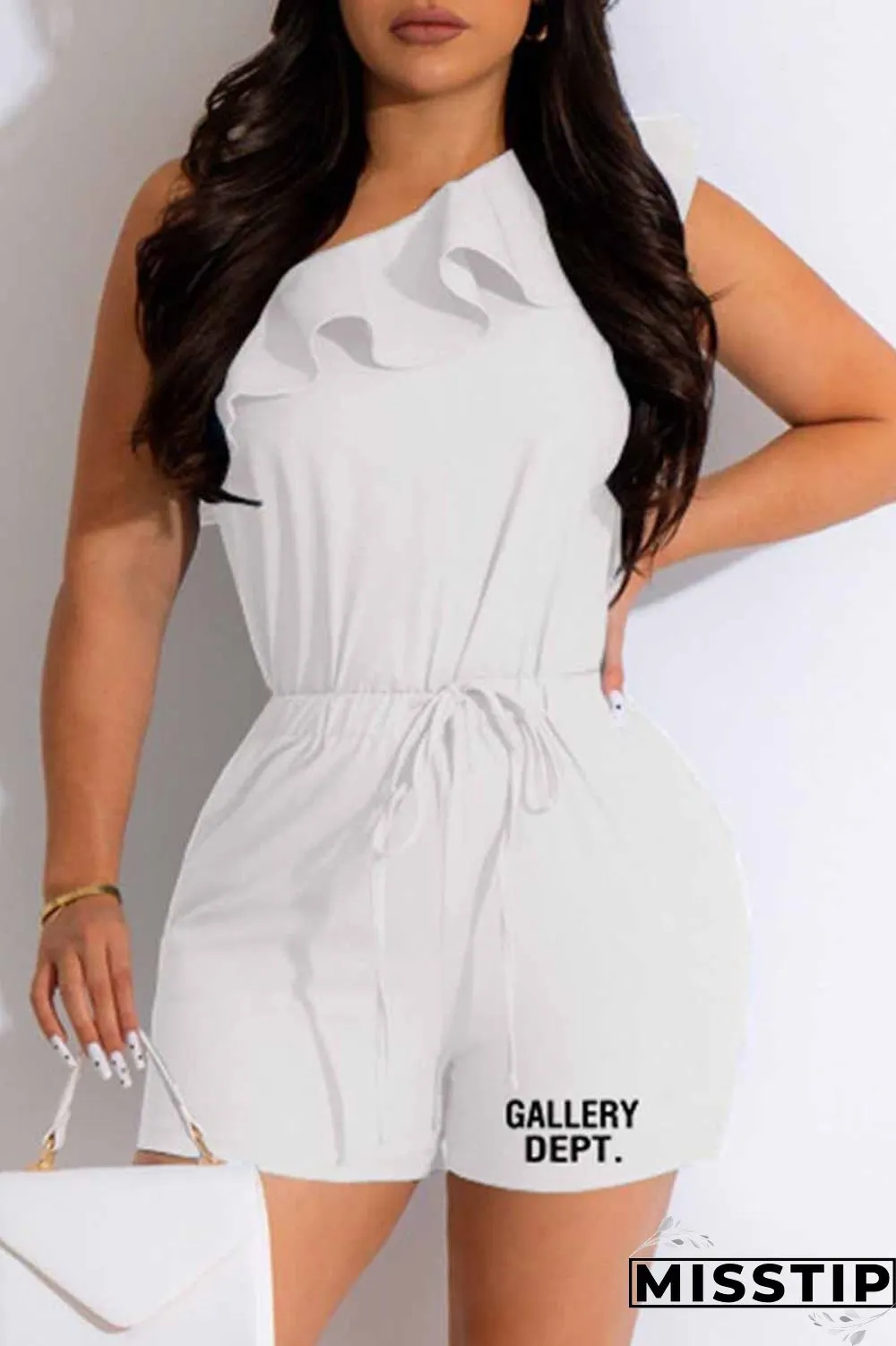Pink Street Print Flounce Letter One Shoulder Sleeveless Two Pieces