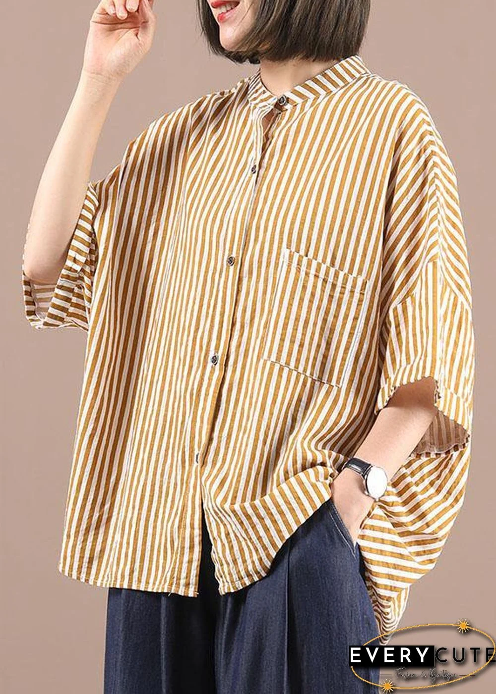 Stylish Yellow Striped low high design Half Sleeve Cotton Shirt Top Summer