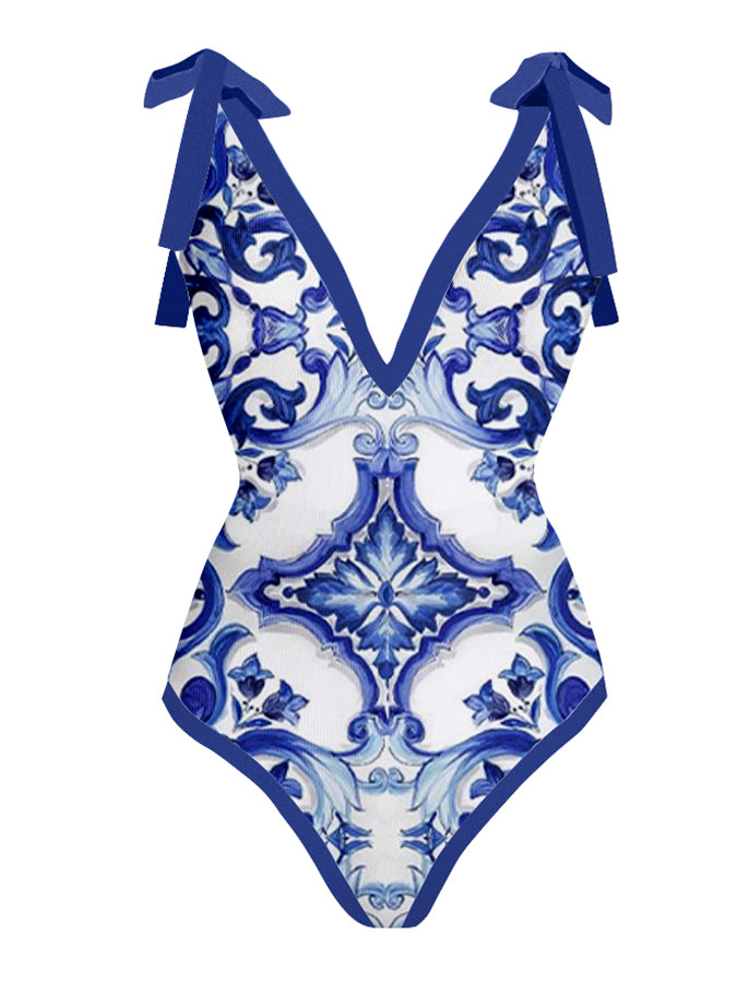 Fashion Vintage V-Neck Print One-Piece Swimsuit