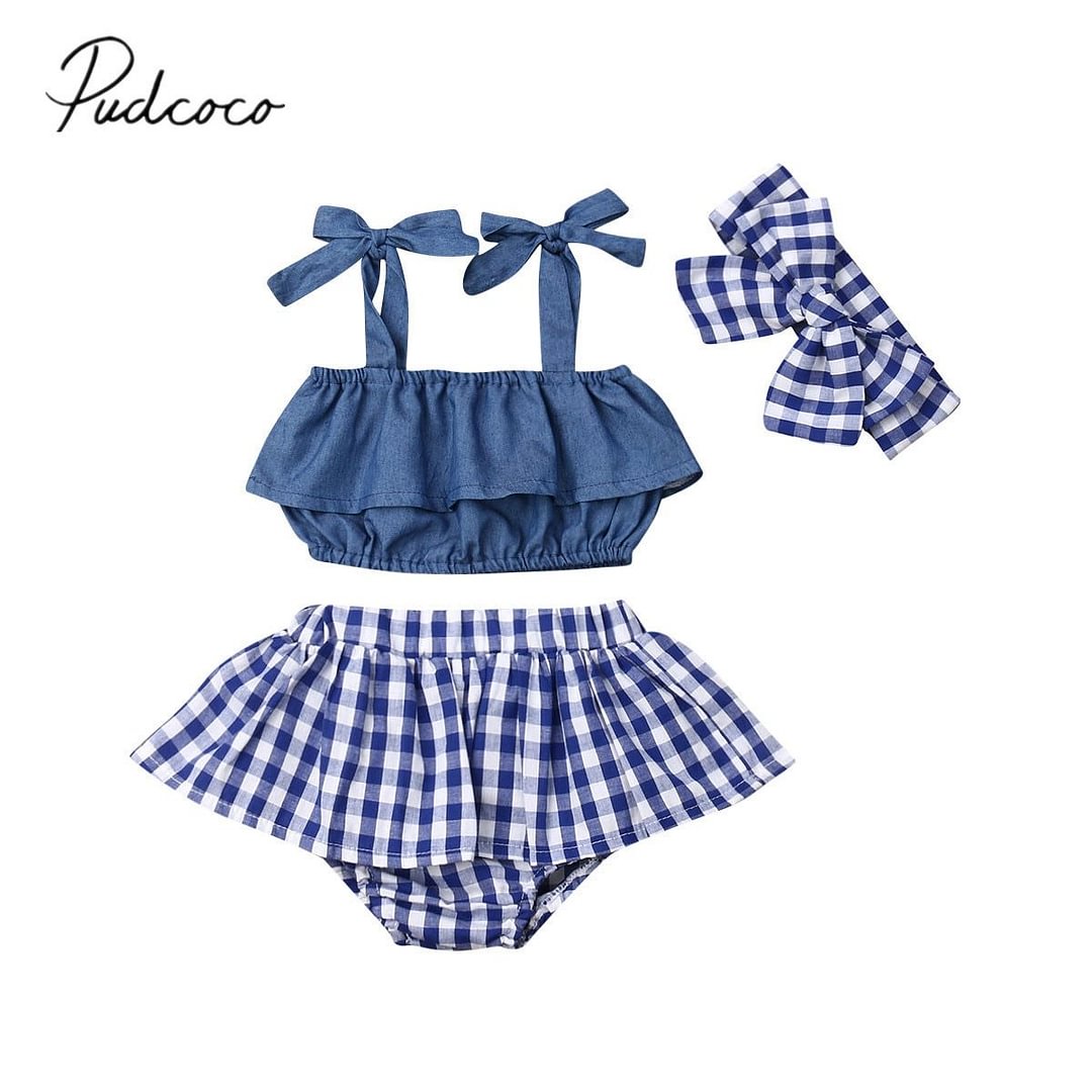 2019 Baby Summer Clothing Infant Baby Girl Sleeveless Sling Ruffle Vest Tops+Plaid Shorts+Headband 3PCS Sets Outfit Sunsuit 0-3Y