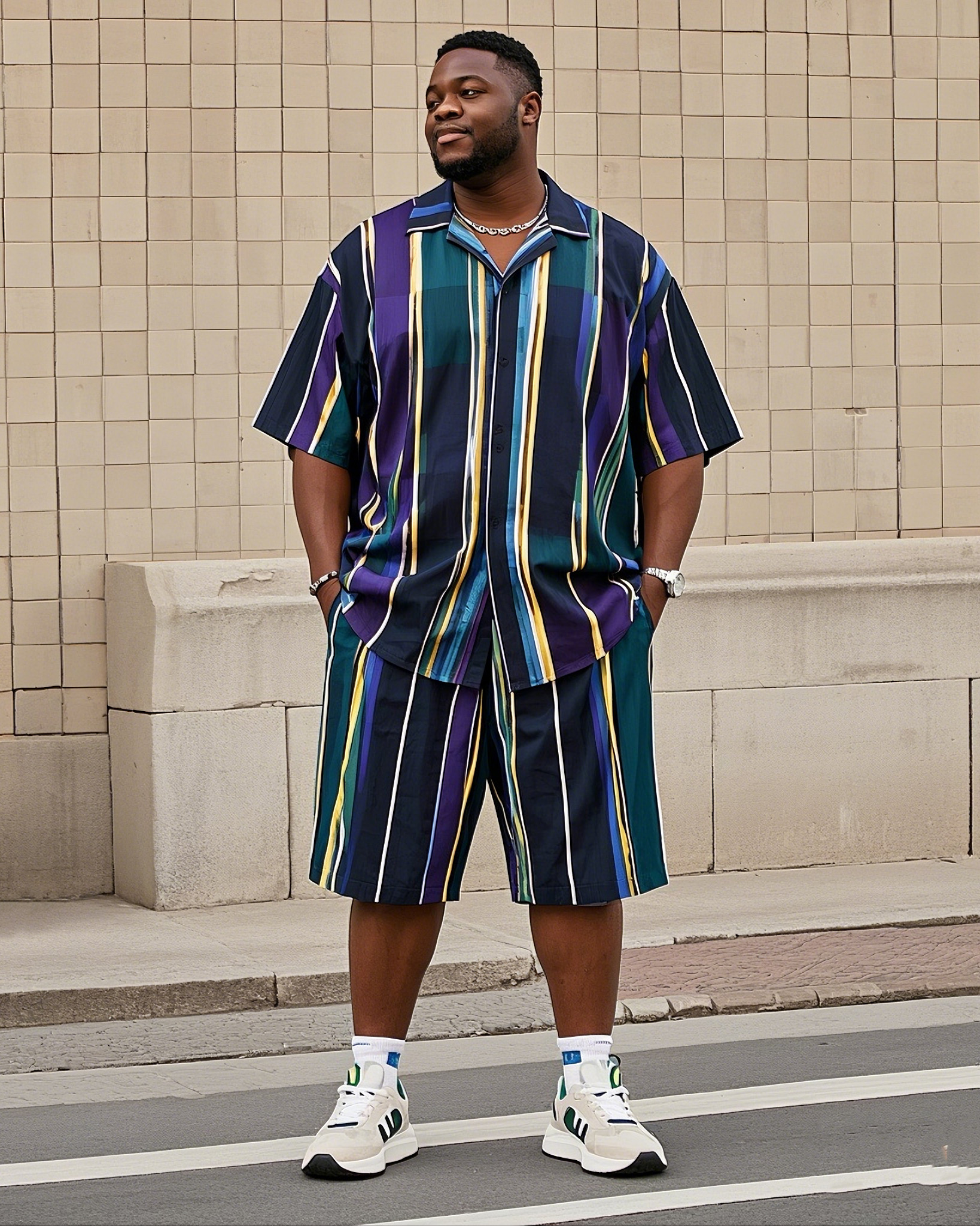 Big Men's-Hot Striped Color Block Printing Short Sleeve Shirt Shorts Suit