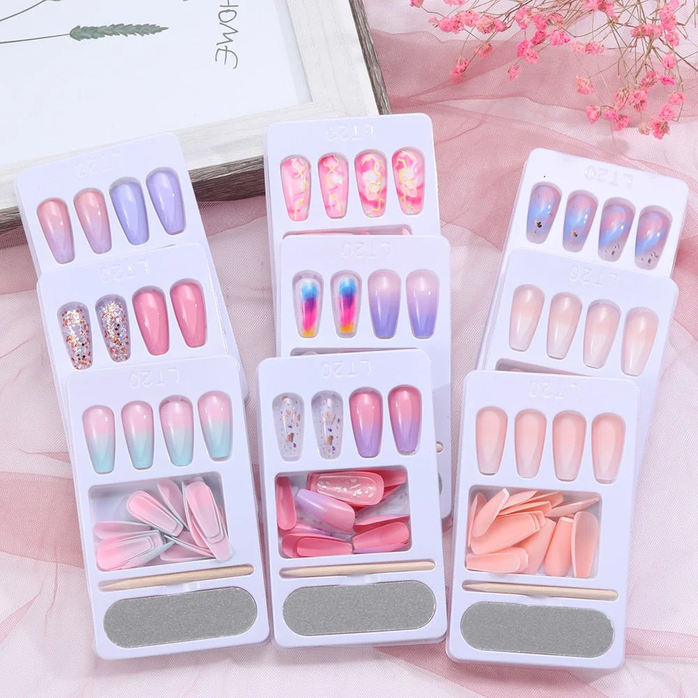 24pcs/Set Detachable Long Coffin Fake Nails European Rainbow Ballerina Full Nail Art Tips Colorful Beauty Artificial False Nails-Nail Inspo