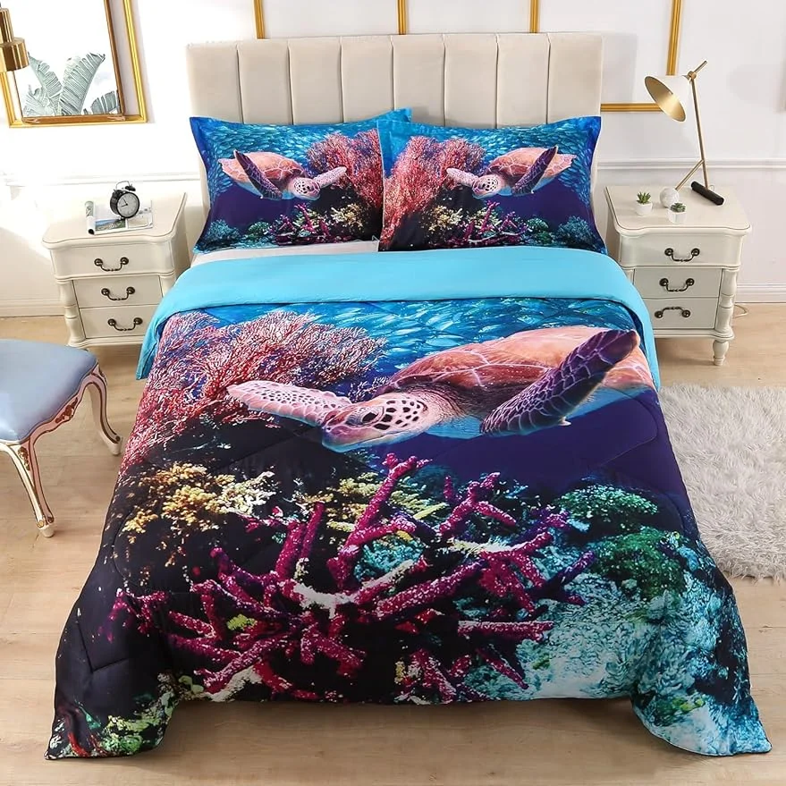 Qucover Sea Turtle Comforter Set Queen 3-Piece Soft Tencel Cotton 3D Blue Ocean Comforter, Teen Kids Comforter Bedding Set with 2 Pillowcase, Queen 90x90 Inch