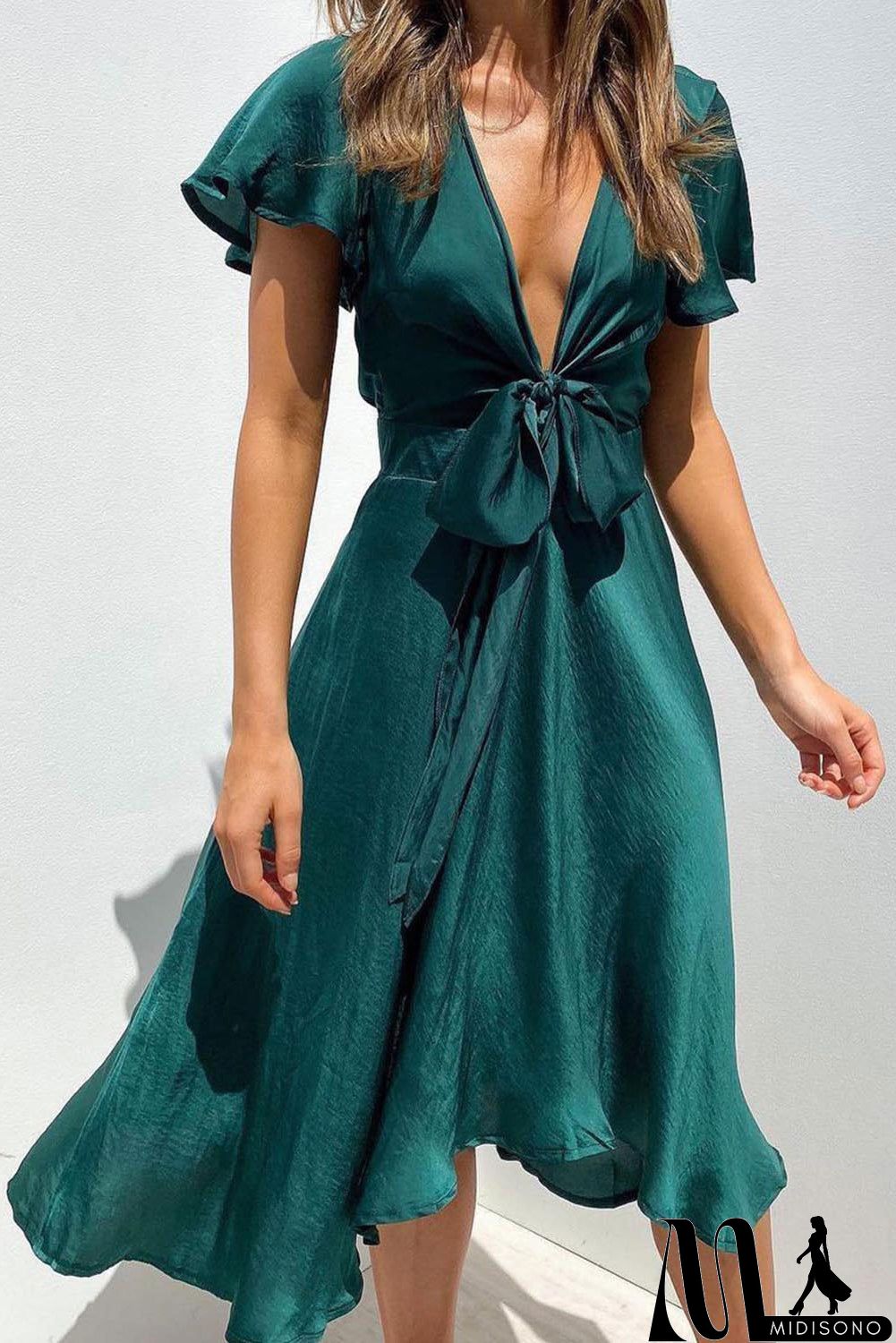 MidiSono - Deep V Neck Flutter Sleeve High Waist Flare Midi Dress
