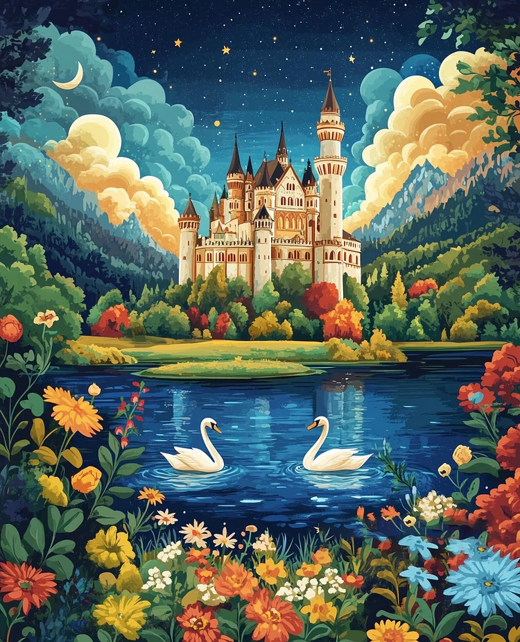 Colorful Swan Castle-AB Round Drill Diamond Painting-40*50CM(Canvas)