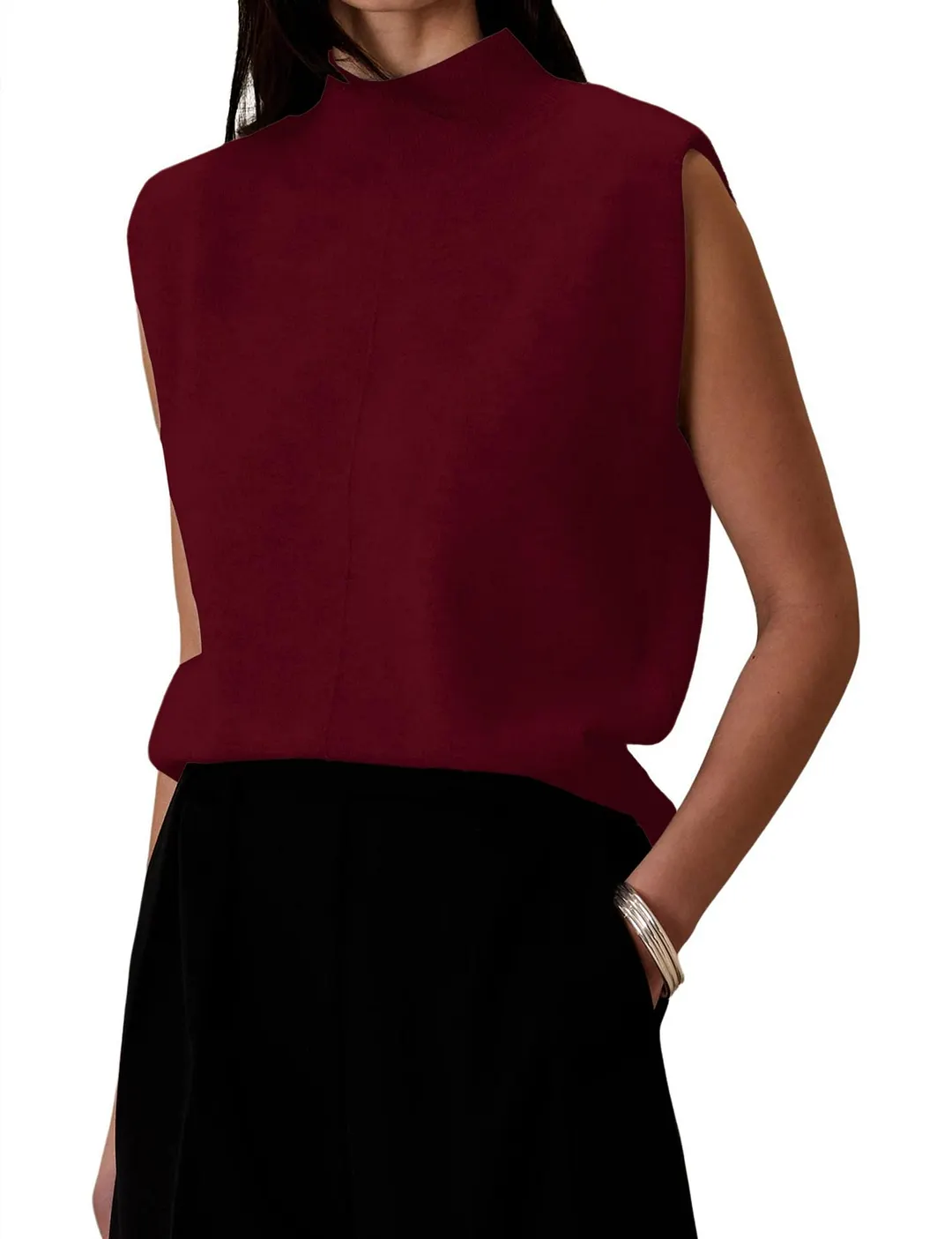 Brownm Pure Color Half Collar Sleeveless Fashion Sweaters
