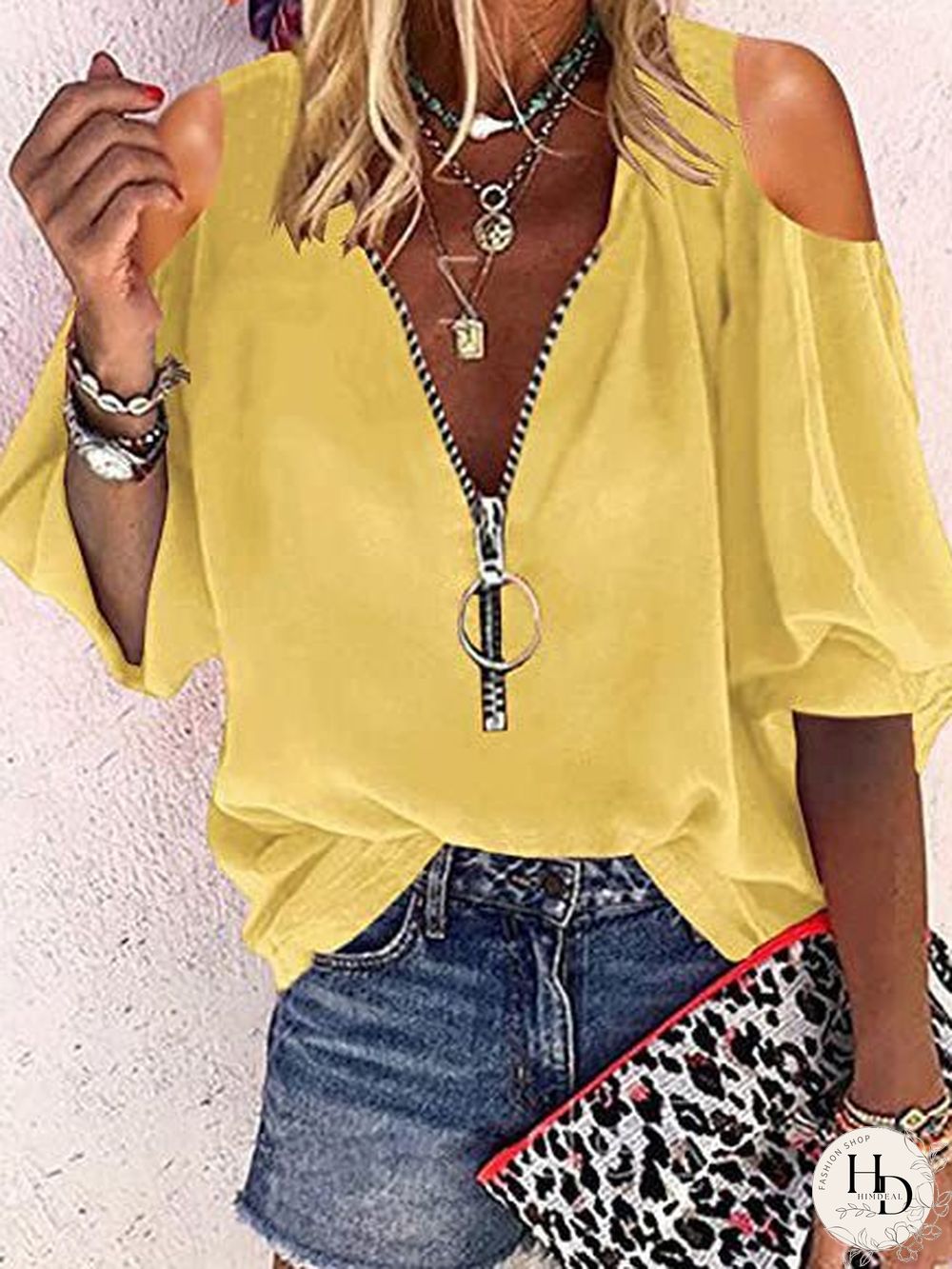 Women'S Blouses V-Neck Zip Off-Shoulder Long Sleeve Blouse