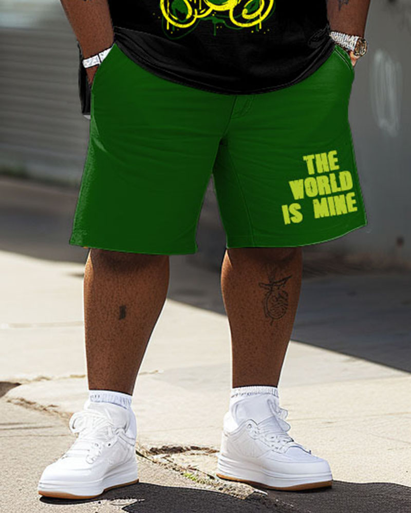 Men's Plus Size Graffiti Bear Tee and Drawstring Waist Shorts Set