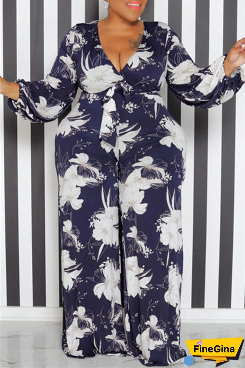 Yellow Casual Print Patchwork V Neck Plus Size Jumpsuits