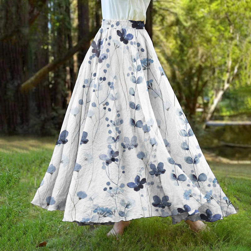 Vintage Floral Painting Art Linen Blend Flowy Wide Skirt