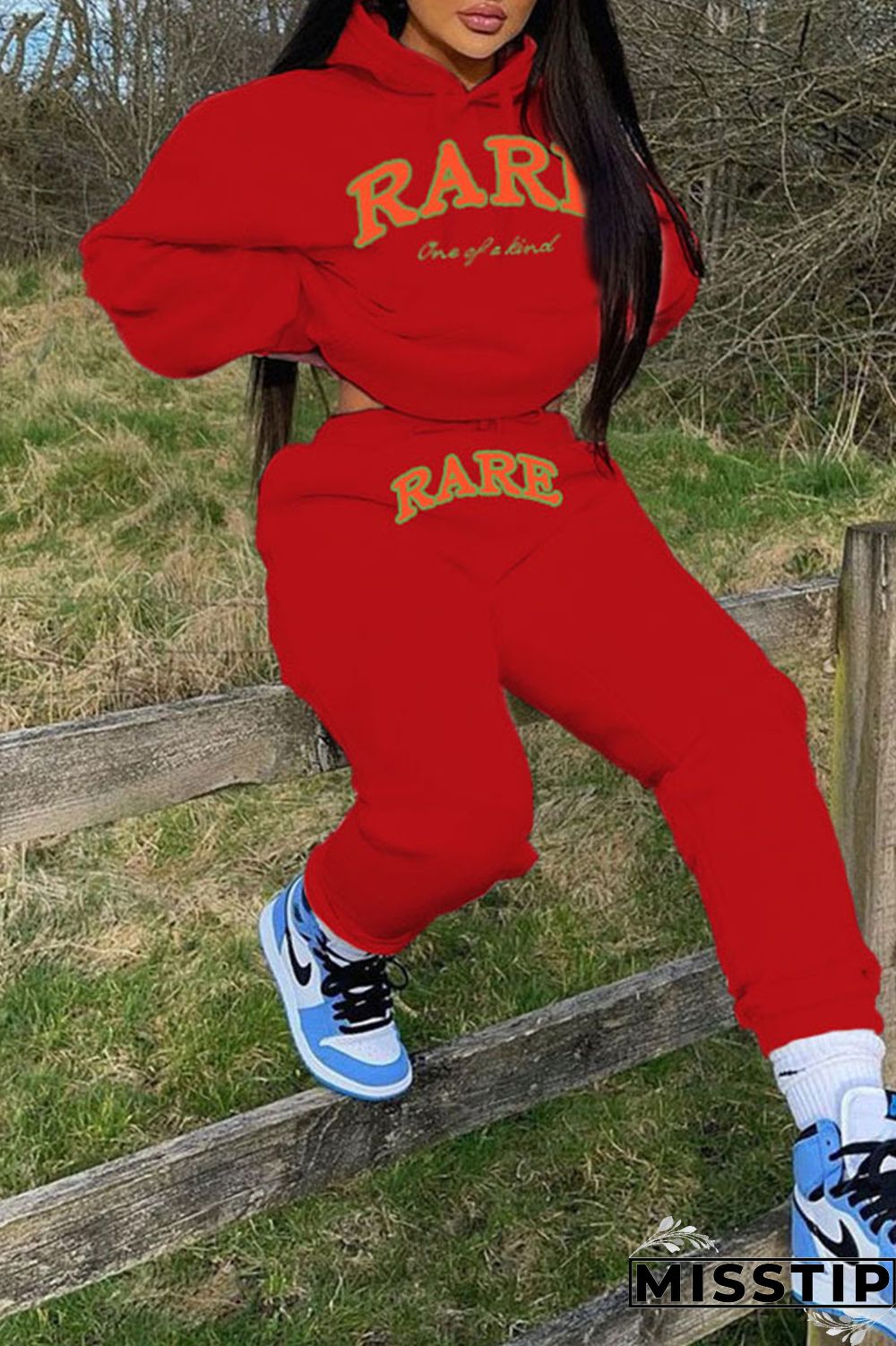 Red Casual Print Patchwork Hooded Collar Long Sleeve Two Pieces