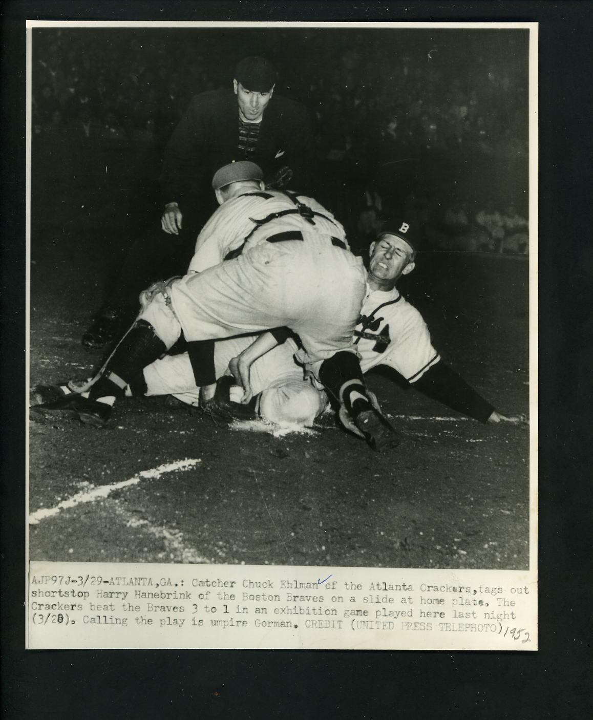 Harry Hanebrink Chuck Ehlman Tom Gorman 1952 Press Photo Poster painting Braves Atlanta Crackers