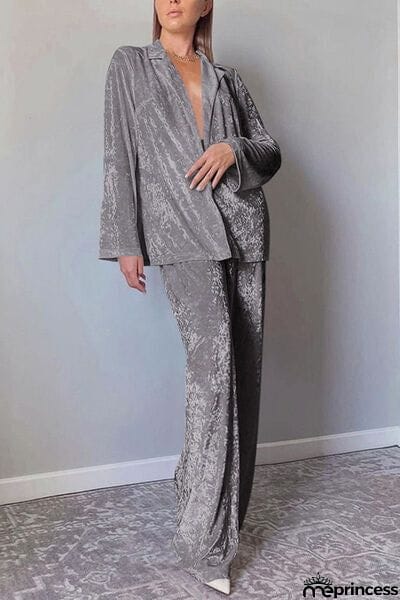 Open Front Collared Neck Top and Pants Set