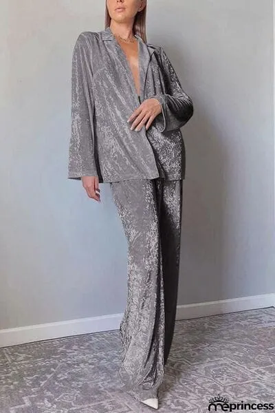 Open Front Collared Neck Top and Pants Set