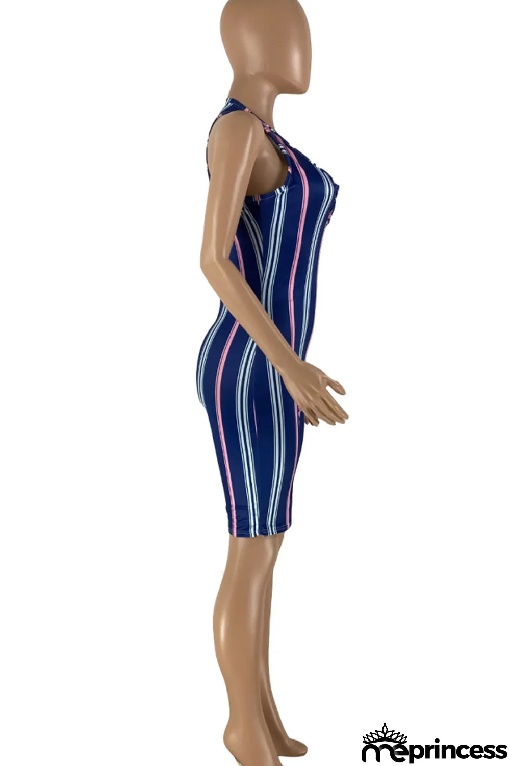 Blue Casual Striped Print Split Joint U Neck Regular Jumpsuits