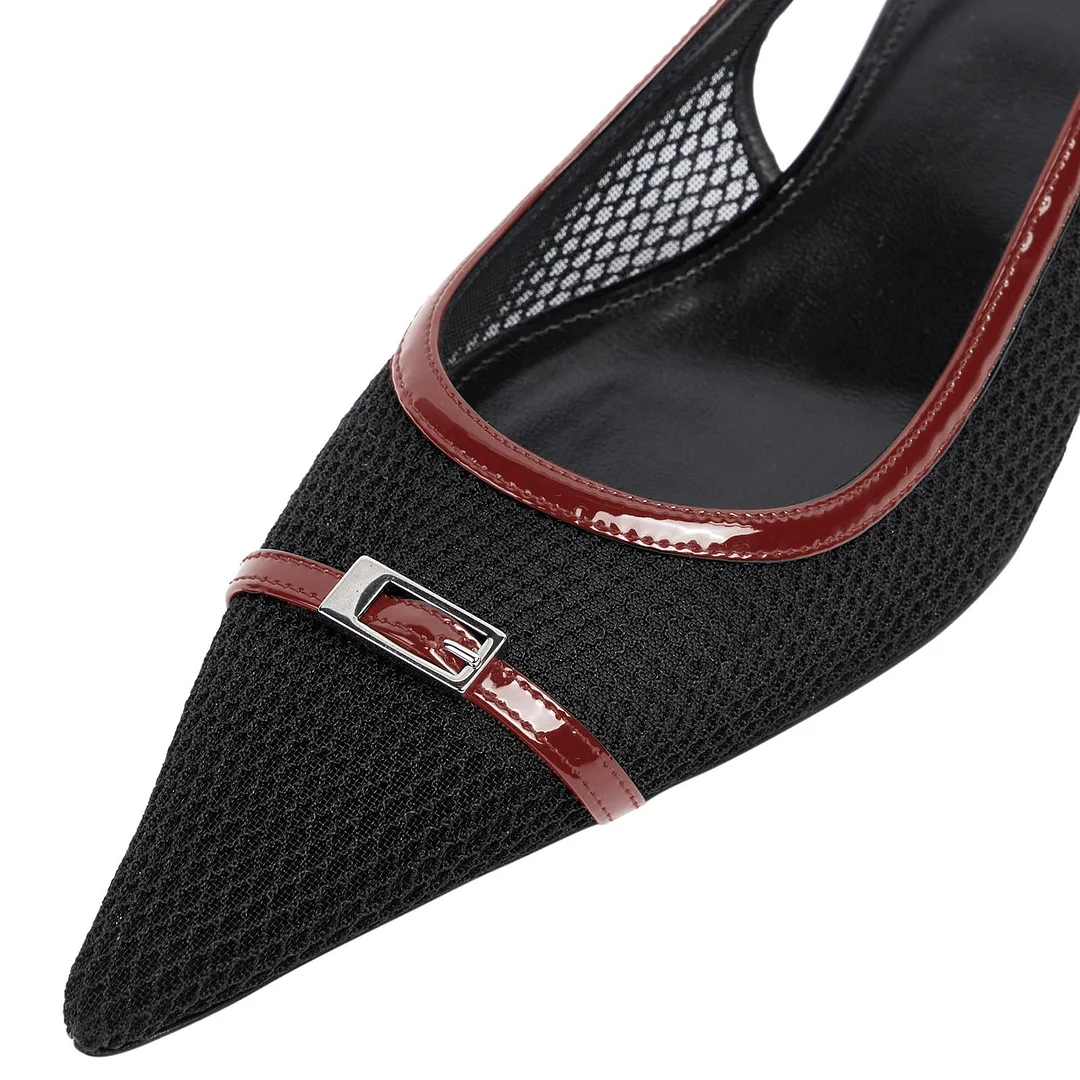 2.36" Women's Pointed Toe Red Bottom Sandals Slingback Shoes Kitten Heel Pumps Mesh Summer Shoes-MERUMOTE