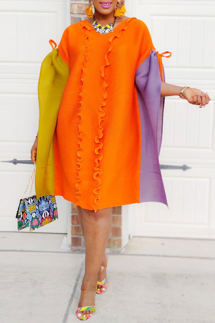 Xpluswear Plus Size Orange Daily Colorblock Pleated Ruffles Shawl Midi Dress [Pre-Order]