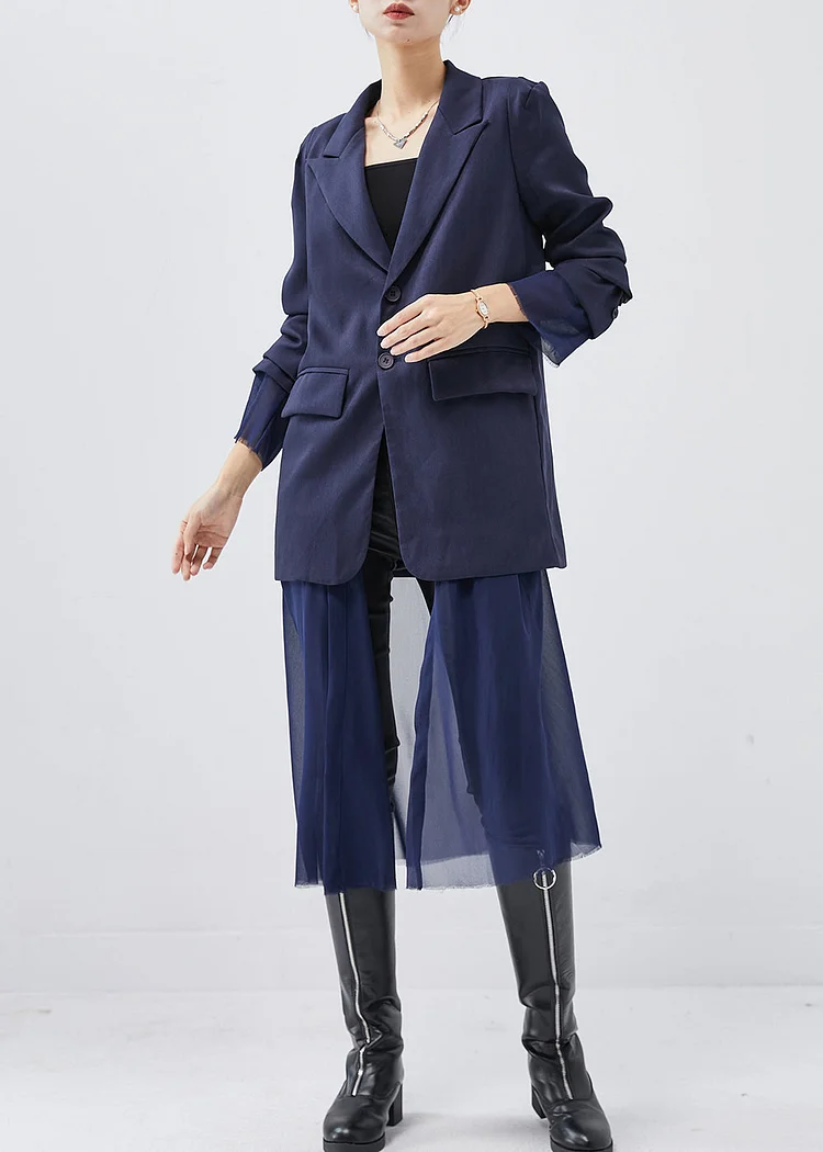 Natural Navy Notched Patchwork Tulle Cotton Coat Spring