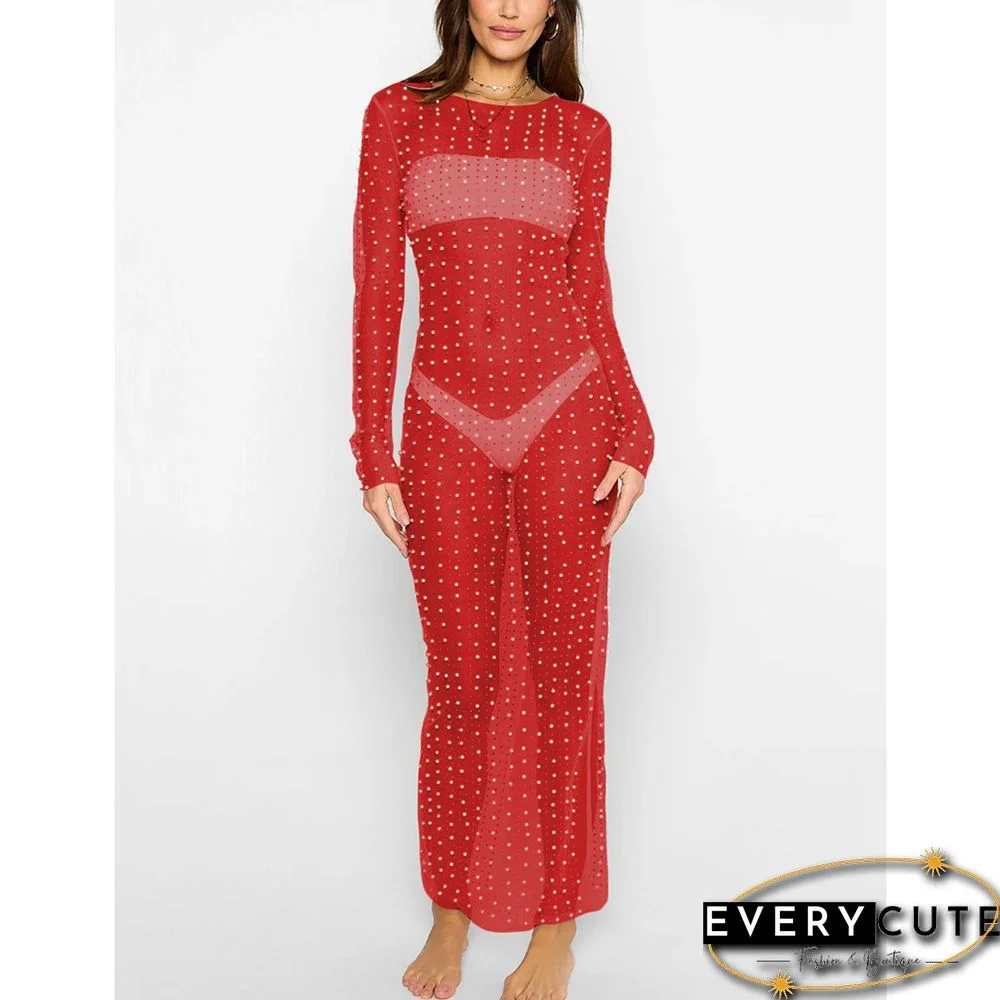 Red Sheer Rhinestone Long Sleeve Long Beach Cover