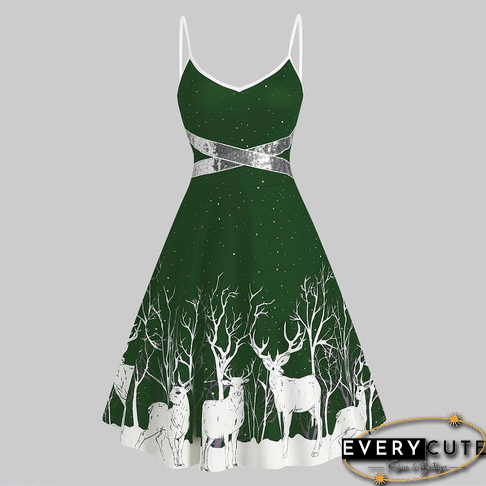 Christmas Print Sequin Patchwork Sleeveless Dress Santa Xmas Deer Skater Party Dresses