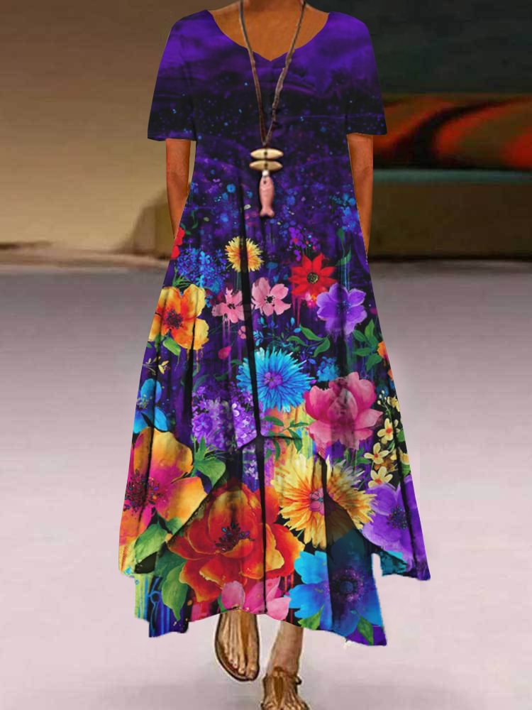 Fashion Round Neck Short Sleeve Print Plus Size Maxi Dress P181144870