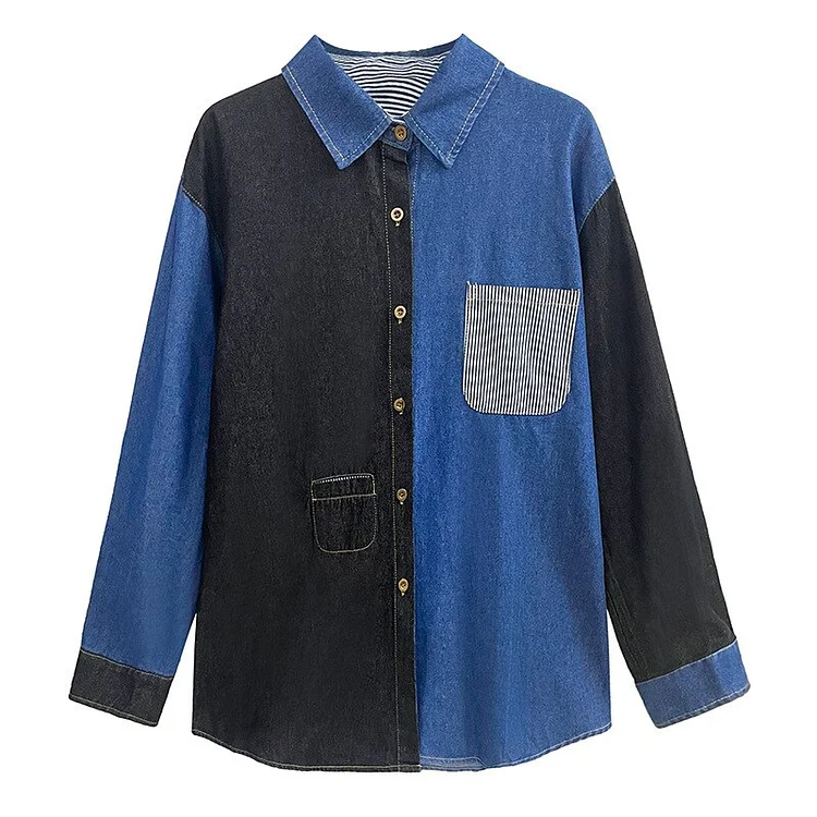 Stylish Lapel Color Contrast Patchwork Striped Pocket Single-breasted Long Sleeve Denim Shirt