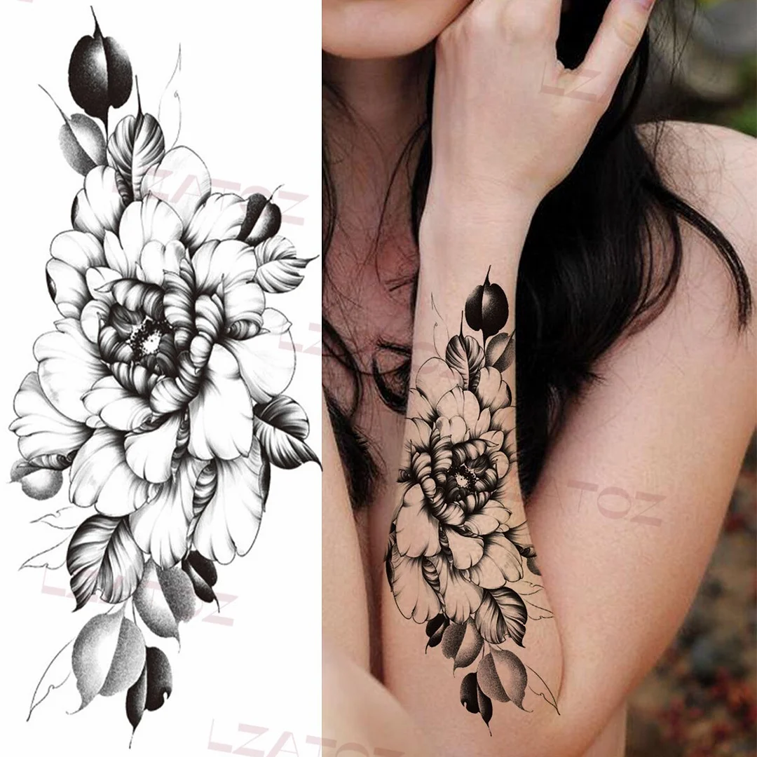 Sdrawing Big Letters Temporary Tattoos For Men Women Moon Pendant Peony Fake Tattoo Sticker Custom Armband Fashion Disposable Tatoo
