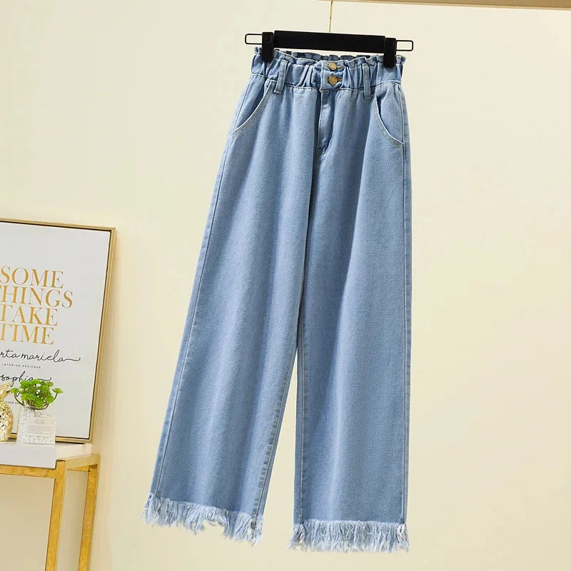 Tlbang Straight Jeans For Women 2024 Spring Autumn Tassels Blue Loose Denim Trousers Elastic Waist Wide Leg Pants