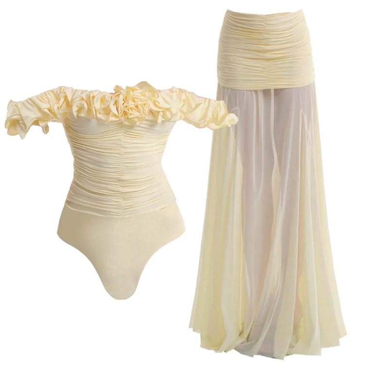 Yellow Off-shoulder Ruffles One Piece Swimsuit and Skirt（Shipped on Jul 20th）