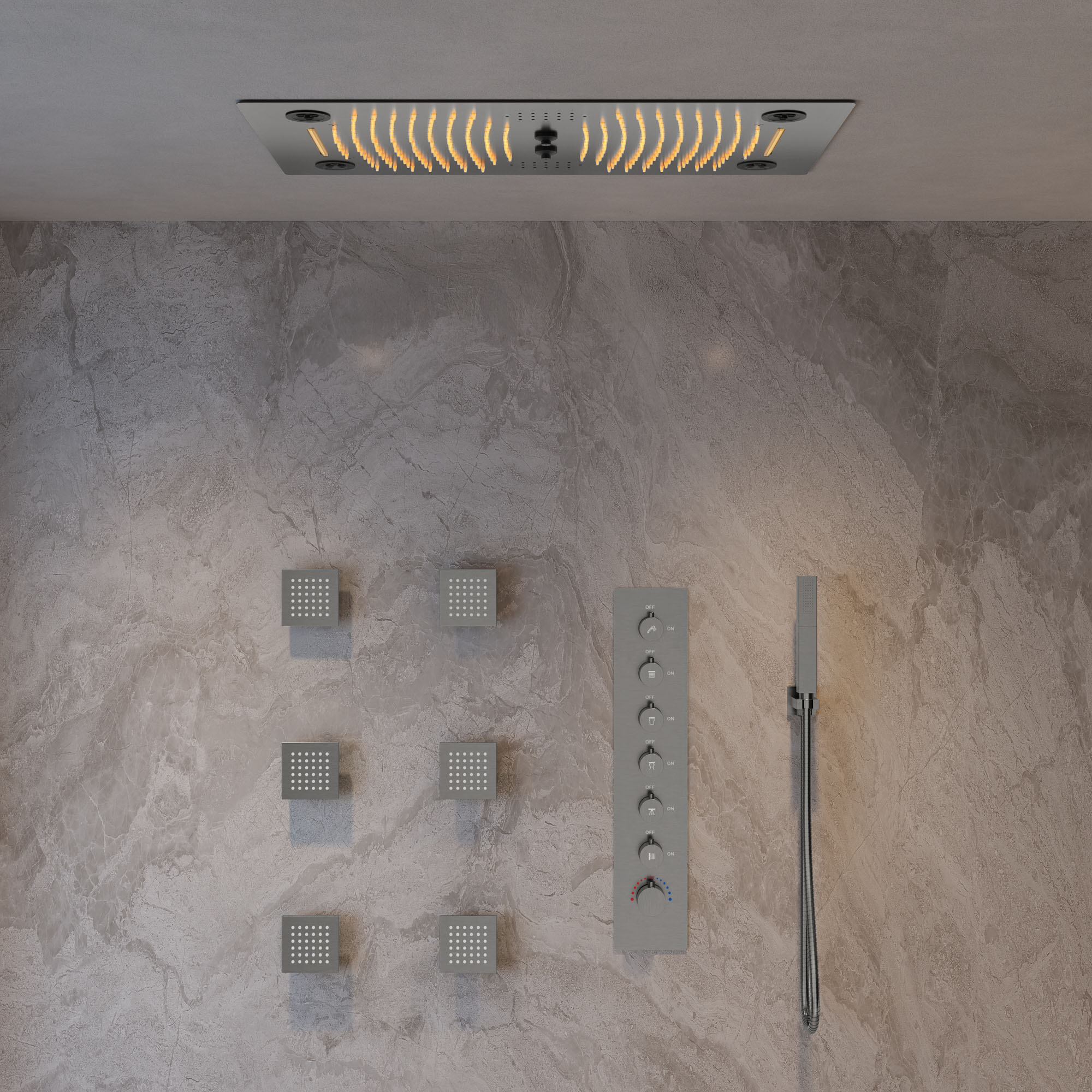 Ceiling-Mounted LED Music Shower System with Expansive Rain Shower and Versatile Body Jets, Brushed Nickel