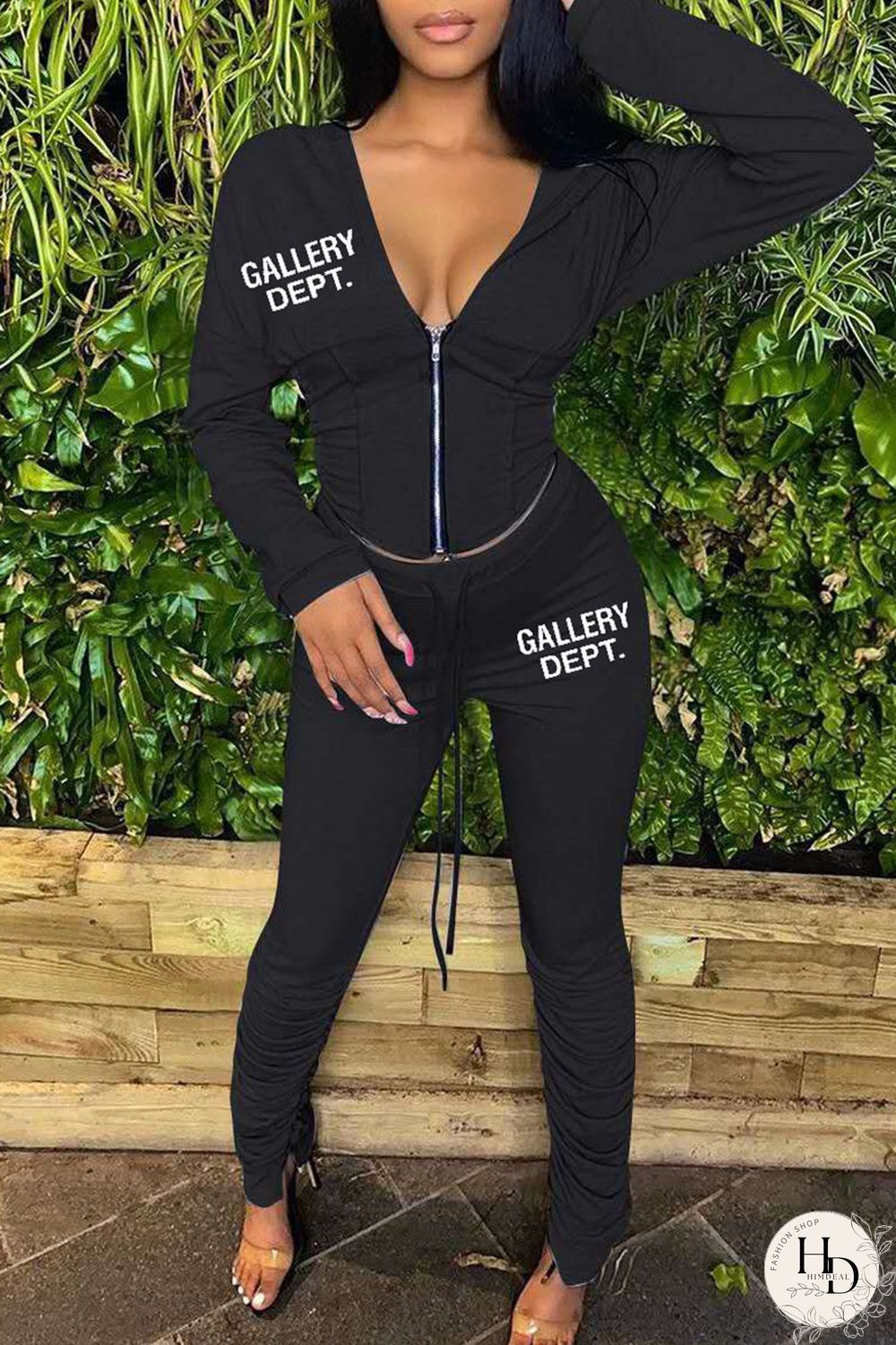 Yellow Casual Print Patchwork Fold Zipper Hooded Collar Long Sleeve Two Pieces