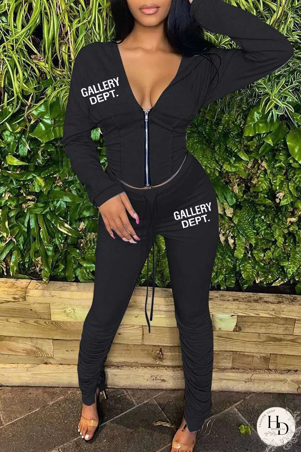 Yellow Casual Print Patchwork Fold Zipper Hooded Collar Long Sleeve Two Pieces