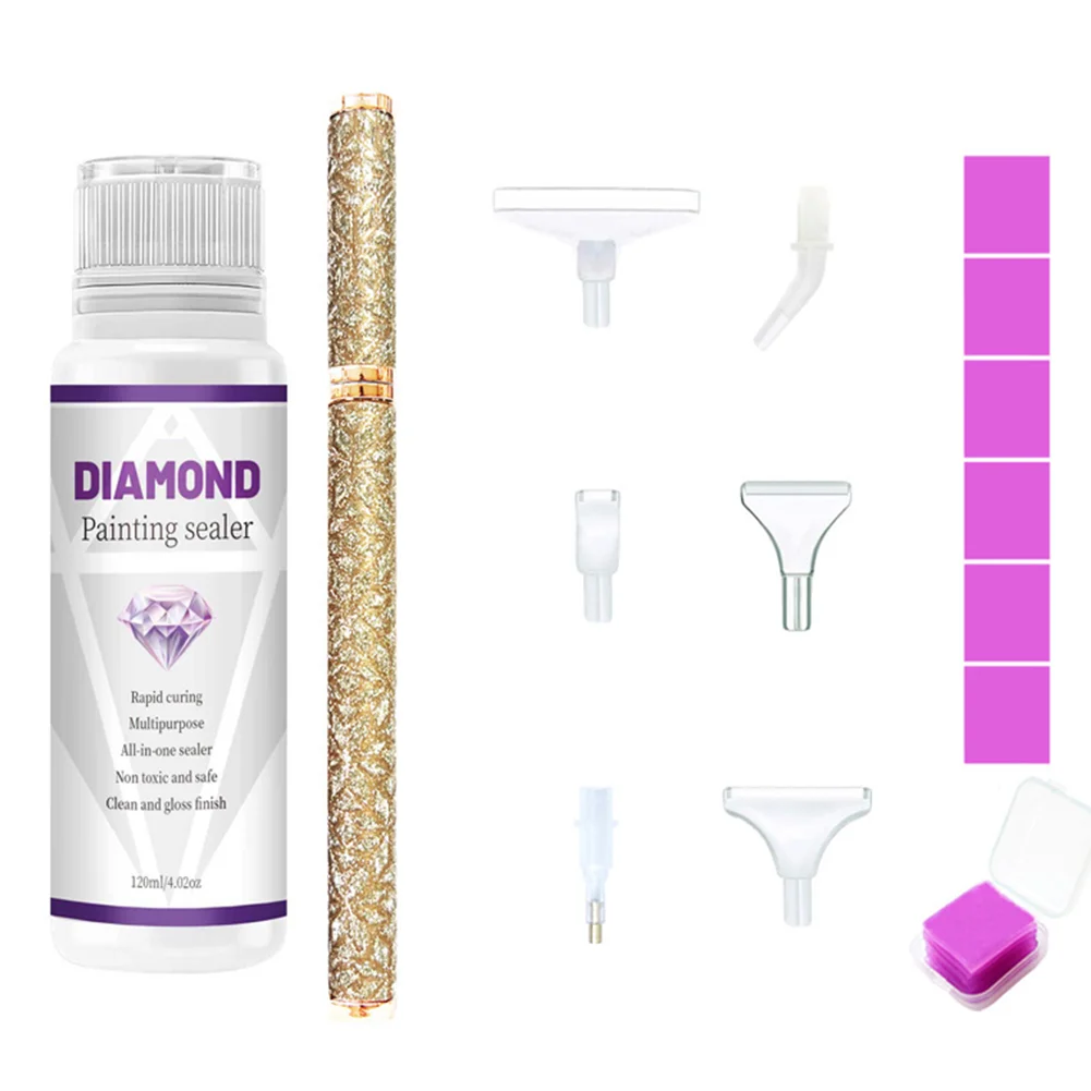 DIY Diamond Painting Glue Tool Canvas Permanent Preservation Sealing Agent 120ml - Gold dot drill pen + plastic 6 heads + 6 pieces of clay + sealant glue
