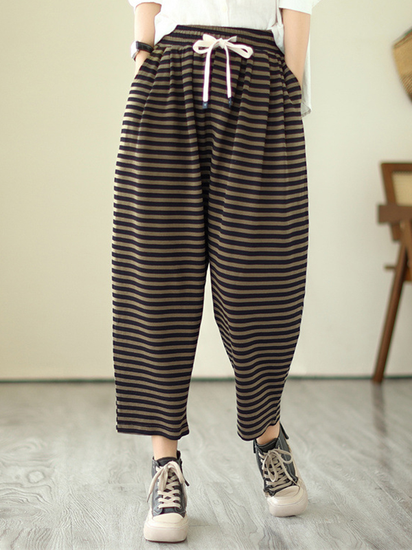 Casual Striped Pockets Wide Leg Pants