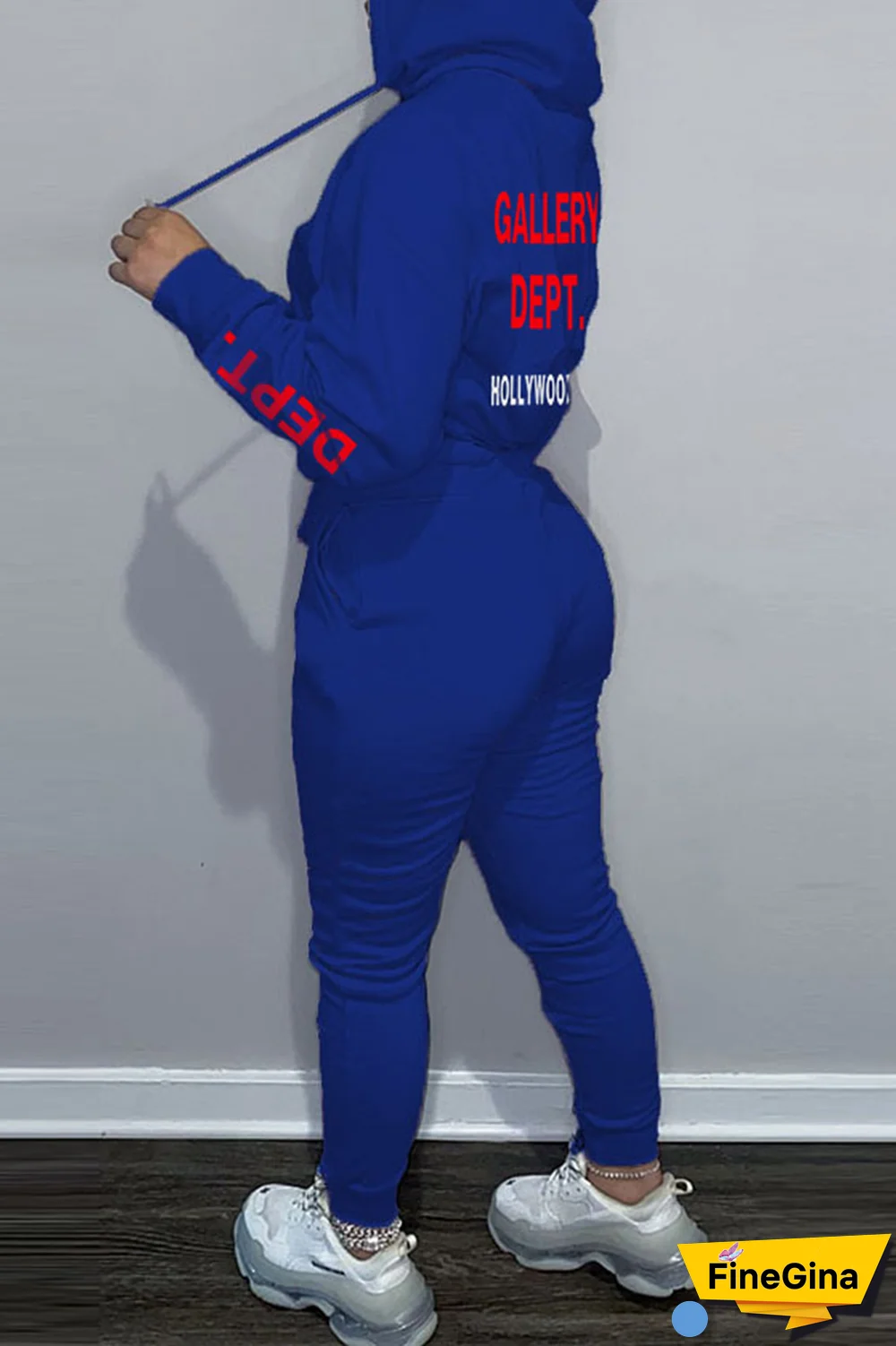 Brown Street Vintage Print Draw String Letter Hooded Collar Long Sleeve Two Pieces