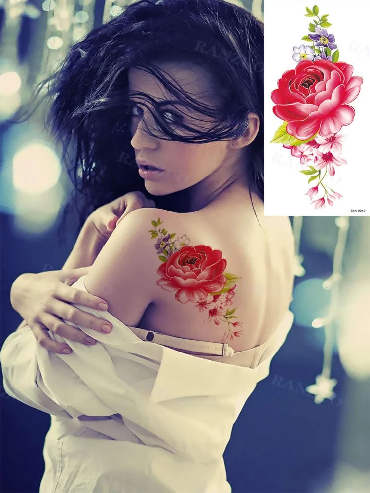 SDRAWING Body Art Fake Tattoo Sticker Flower Peony Rose Tattoo Sticker Woman Chest Back Arm Waist Neck Leg Temporary Tattoo Sticker