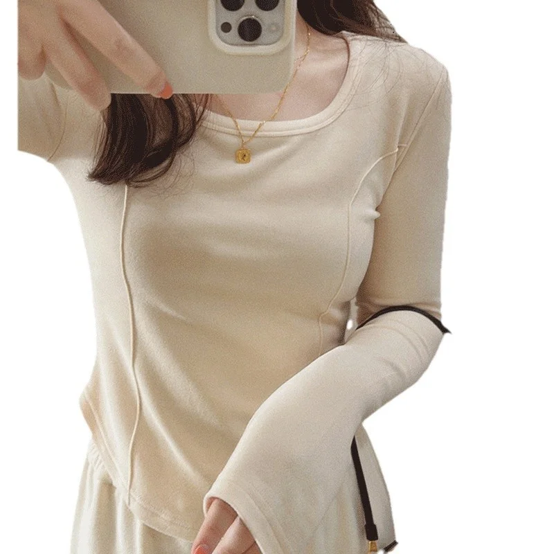 Uveng Uveng Velvet Inside The Bottom Shirt Female 2024 Autumn And Winter Long-Sleeved T-Shirt Slim Show Thin Design Sense Of Foreign Style Student Jacket Tide