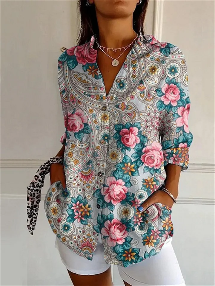 Women's Large Size New Long-sleeved Button Down Shirt Floral Ladies Printed Shirt