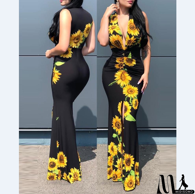 MidiSono - Elegant Women's V-Neck Printed Sleeveless Dress