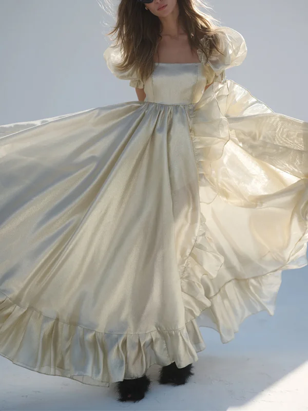 Square Neck Solid Color Satin Vacation Maxi Dress